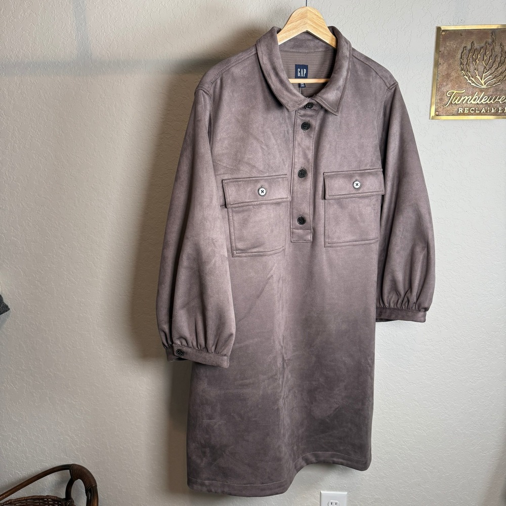 GAP Womens Faux Suede Utility Shirt Dress Mauve Brown XXL Puff Sleeve Mini